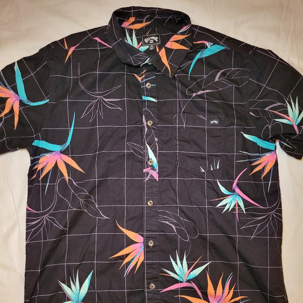 Billabong Sz M Black Bird of Paradise Button Up Shirt Floral Camp Cotton